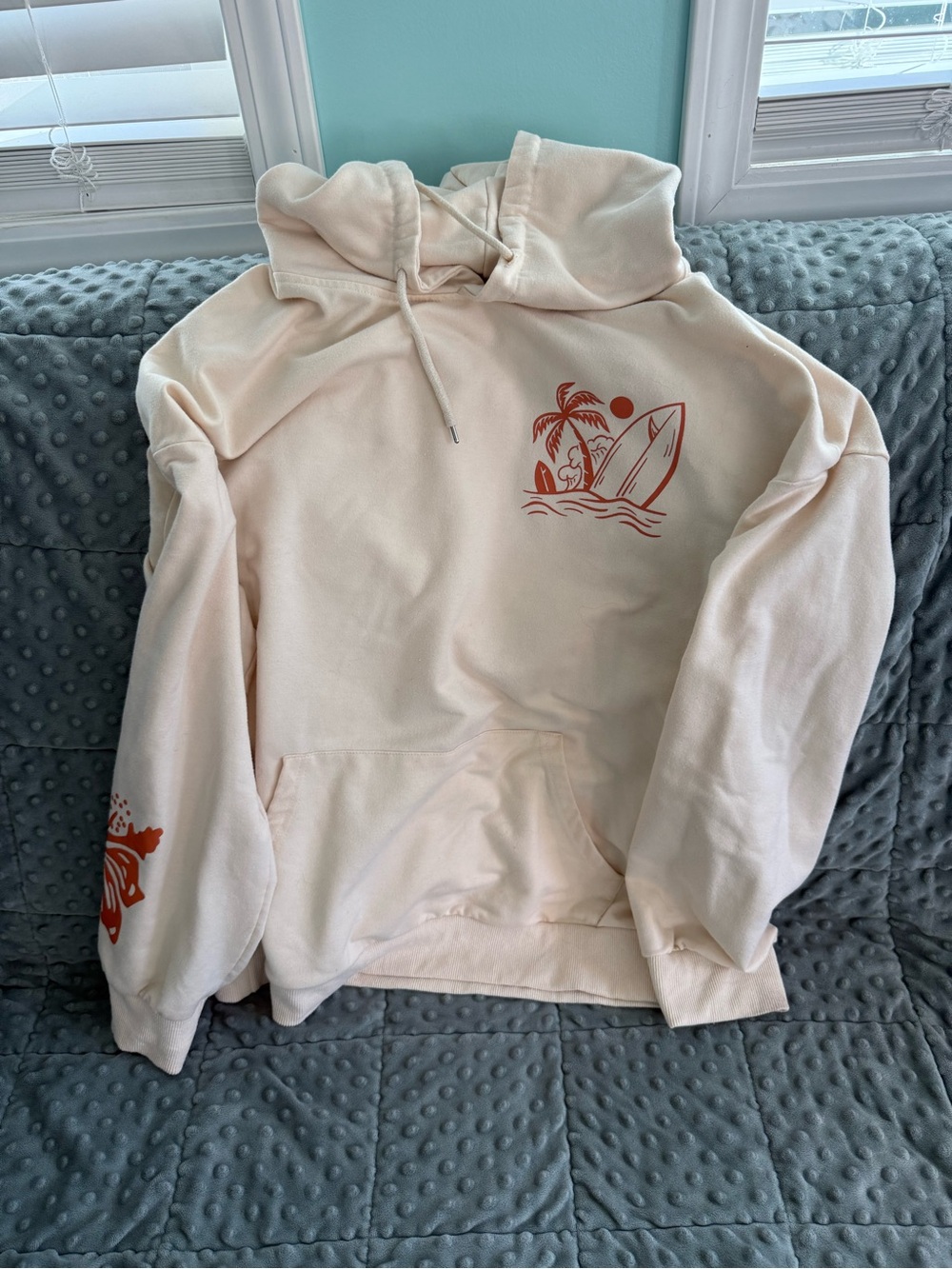Cream Hoodie with Red Surf Graphic